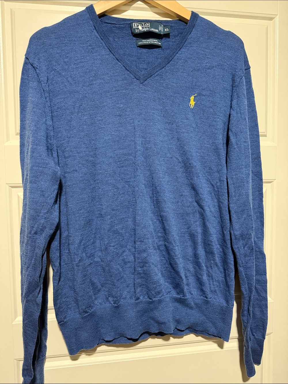 Polo by Ralph Lauren Men's V-Neck Sweater in Blue with Yellow Pony - Picture 2 of 7